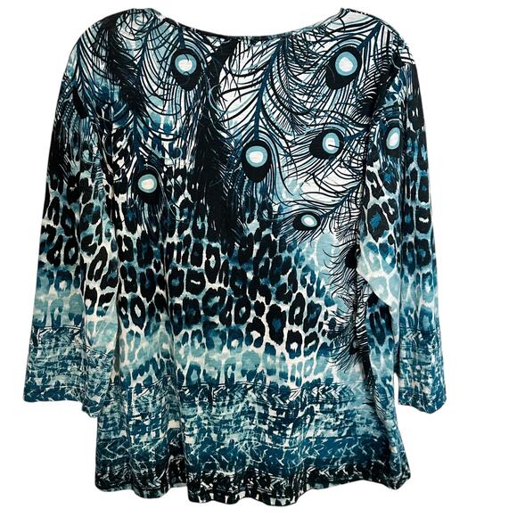 Chicos Peacock Feather Top Size 3 (Womens XL) Teal Sparkle Art to Wear Knit Tee - Picture 5 of 9